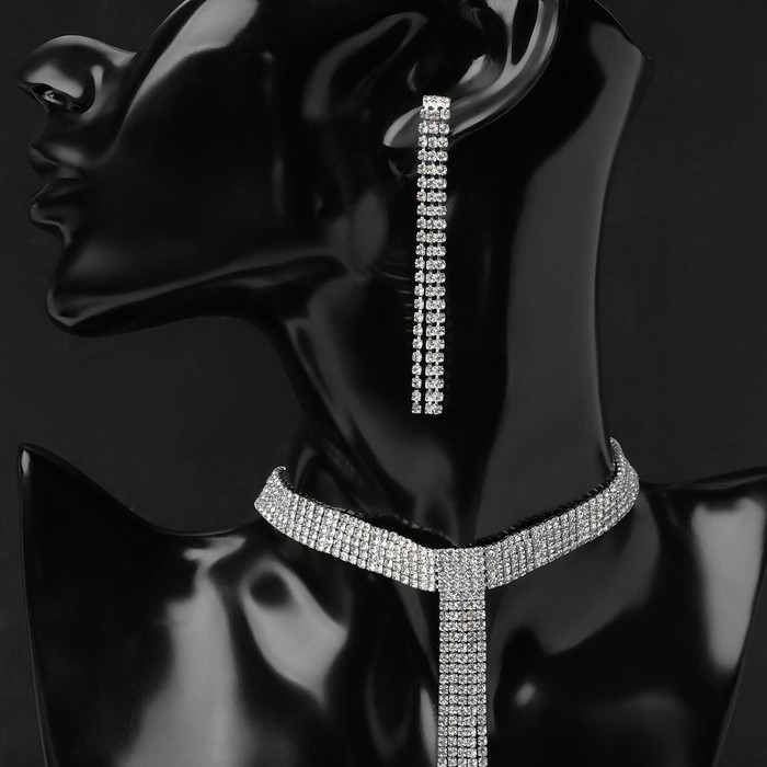 Набор 2 предмета: серьги, колье &laquo;Лёд&raquo; дорожка, цвет белый в серебре, 30 см