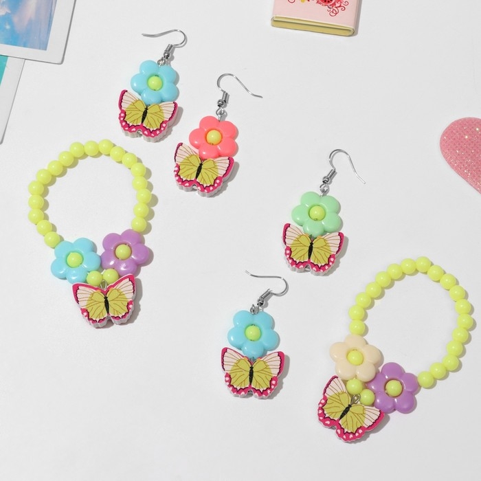 Набор детский «Выбражулька» 2 предмета: серьги, браслет, цветочное лето, цвет МИКС Набор детский «Выбражулька» 2 предмета: серьги, браслет, цветочное лето, цвет МИКС