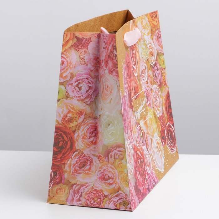 Пакет подарочный горизонтальный крафтовый, упаковка, &laquo;Цветочное настроение&raquo;, ML 27 х 23 х 11,5 см