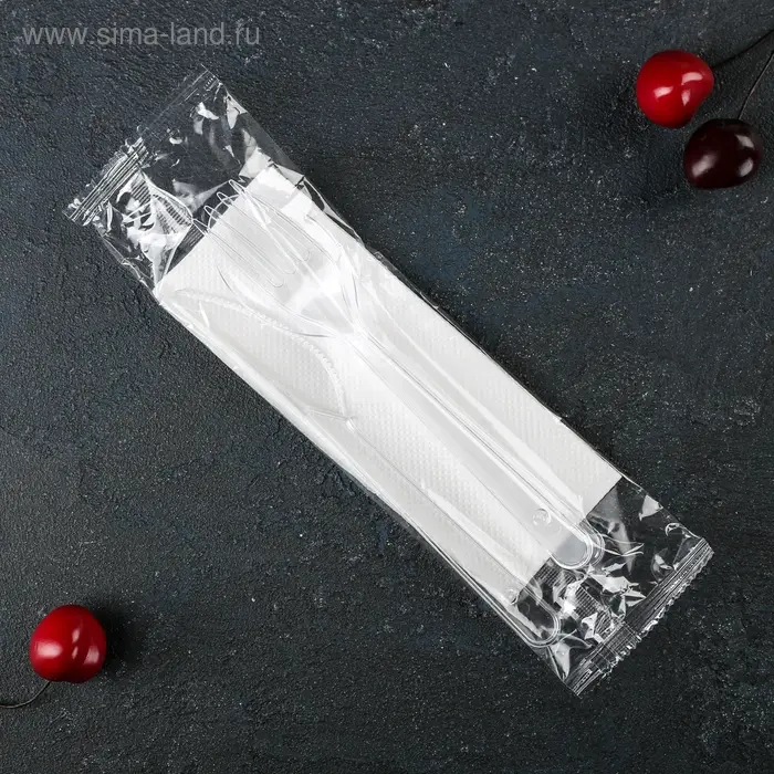 Набор пластиковых одноразовых приборов &laquo;Премиум&raquo;, 4 в 1, вилка, ложка, нож, салфетка белая, прозрачный