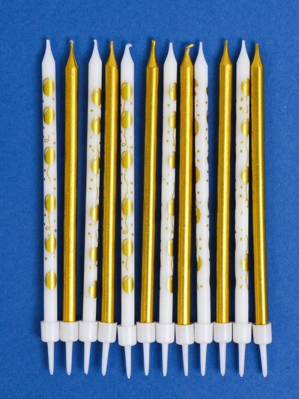 Набор свечей для торта "Воздушные шарики", 12 шт, золотой и белый