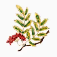 Брошь "Ветка Рябины", цвет красно-зелёный в золоте