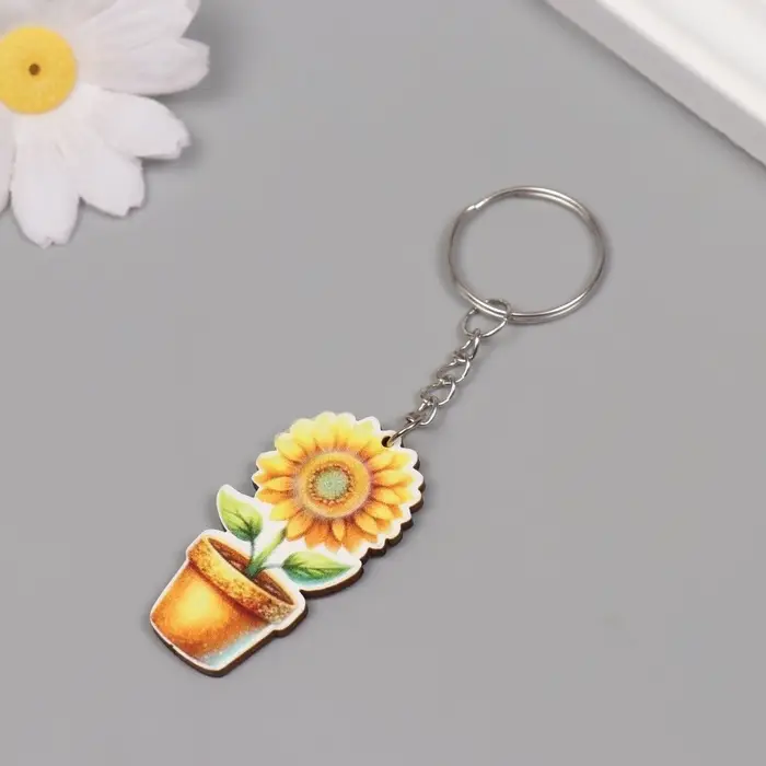 Брелок для ключей на кольце &laquo;Подсолнух в горшке&raquo;, дерево, 4.6&times;2.5&times;0.3 см