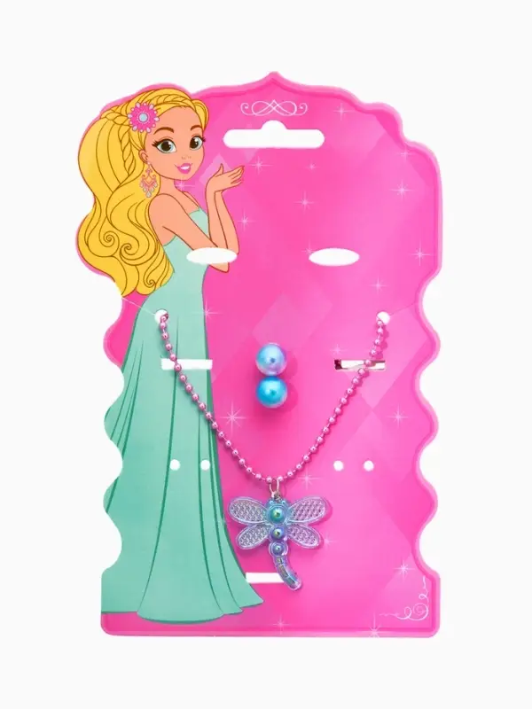 Набор детских украшений "Выбражулька" стрекоза, 2 предмета: кулон, пусеты, цвет голубой