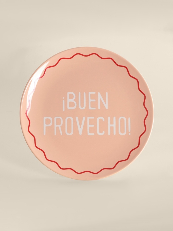 Тарелка для пиццы SL Home &laquo;Уроки испанского: Buen provecho&raquo;, d=35 см, фарфор, розовая