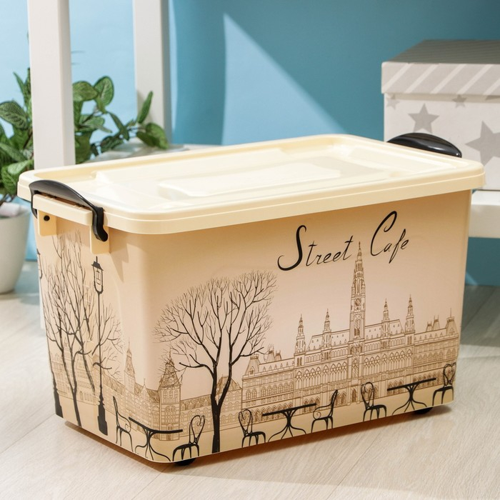 Контейнер для хранения с крышкой &laquo;Уличное кафе&raquo;, 35 л, 50&times;31&times;28 см, на колёсиках, слоновая кость