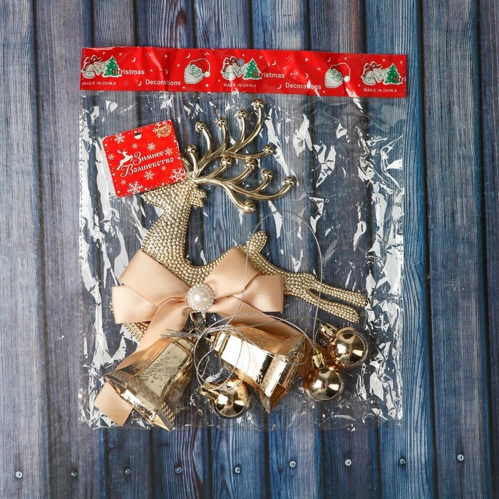 Украшение новогоднее "Уютная сказка" колокольчики олень бант бусина, 14х33 см, золото