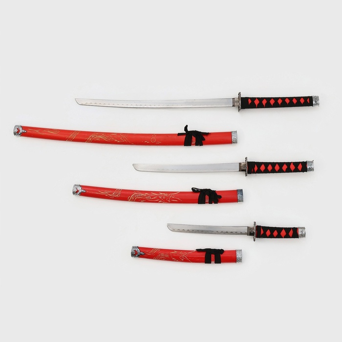 Сув. изделие катаны 3в1 на подставке, ножны дерево, дракон красные 54/81/100 см