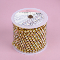 Цепь со стразами, с голографией, металл, стекло, 3,5 мм, 9 &plusmn; 1 м, цвет золотой