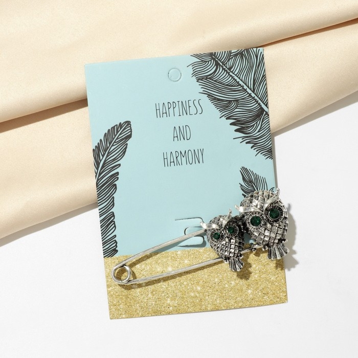 Булавка &laquo;Совы&raquo; пара, 6 см, цвет зелёный в чернёном серебре