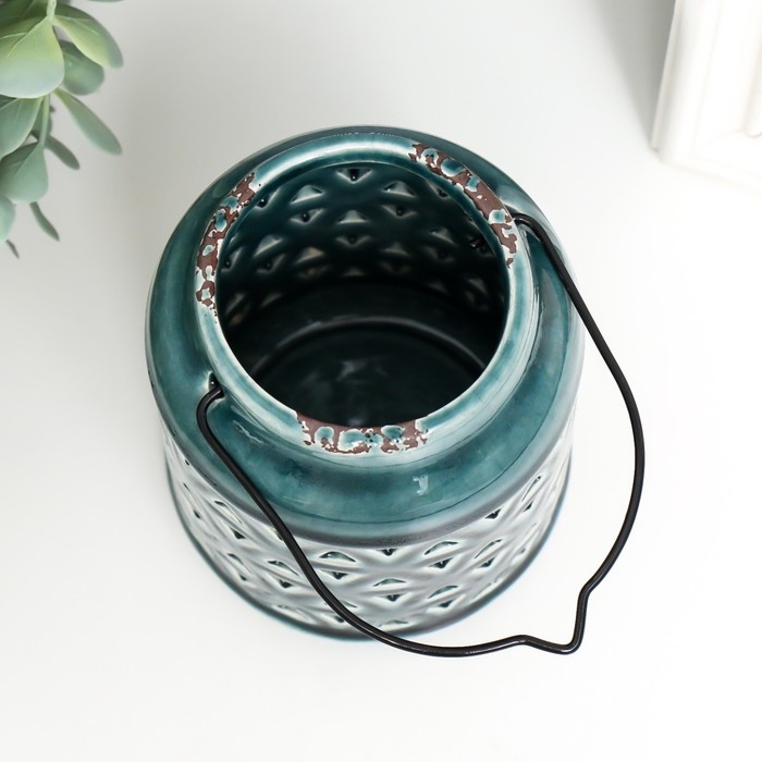 Подсвечник керамика на 1 свечу "Фонарь. Ромбы" зелёный 9х9х12 см