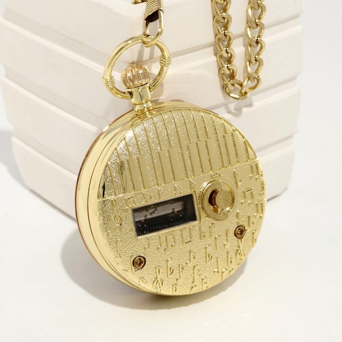 Часы карманные, музыкальные "Космос", кварцевые, d циферблата-5.9см, цепочка l-36.5см,золото