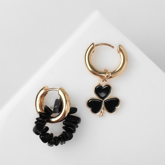 Серьги со съёмным элементом &laquo;Трансформер&raquo; клевер-сердце, цвет чёрный в золоте