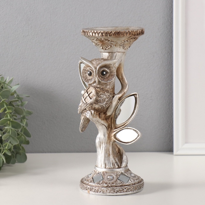 Подсвечник полистоун на 1 свечу Подсвечник полистоун на 1 свечу "Филин на дереве с зеркальными листьями" 11,5х9х24,2 см