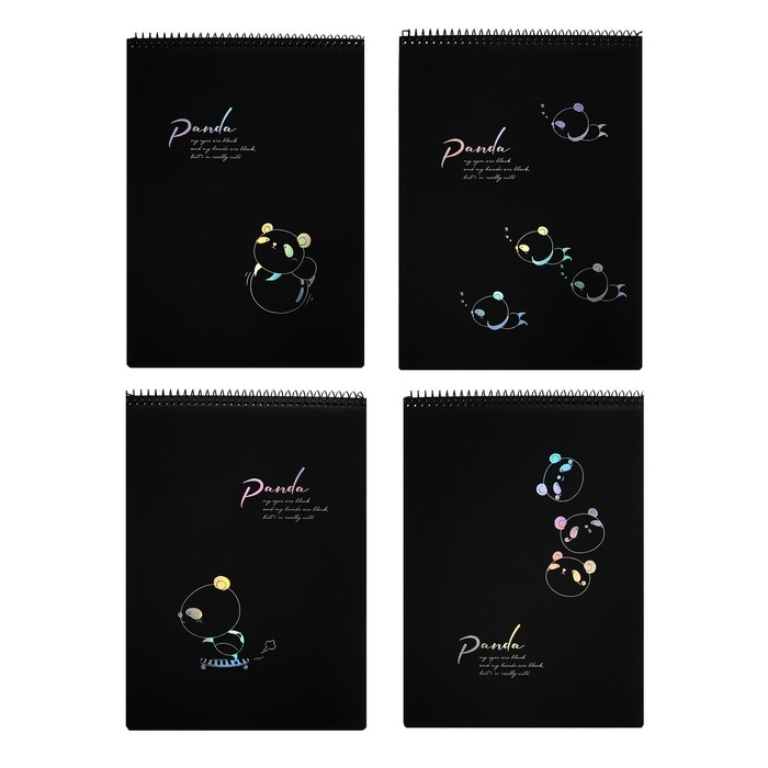 Скетчбук А4, 30 черных листов на гребне, Скетчбук А4, 30 черных листов на гребне, "Панда", твердая подложка, плотность 110 гр., МИКС