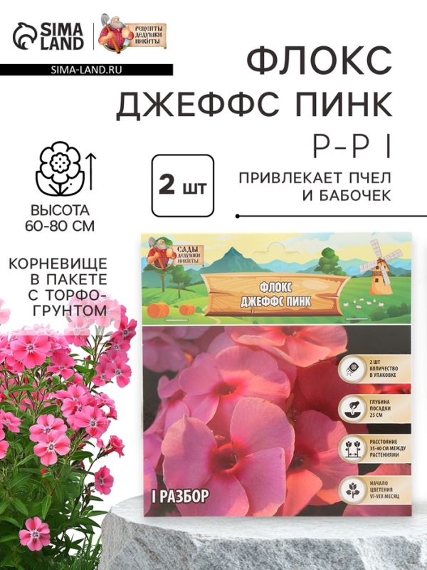 Флокс &laquo;Джеффс Пинк&raquo; корневище в пакете с торфогрунтом, р-р I, 2 шт.