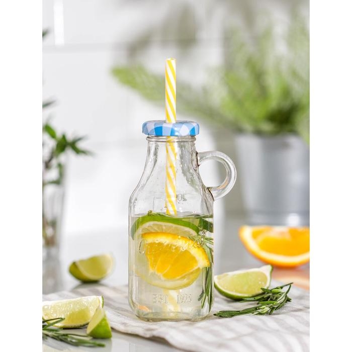 Бутыль стеклянная с крышкой и трубочкой, 200 мл, 7,5&times;6&times;14,5 см, цвет МИКС