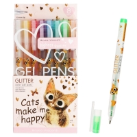 Набор гелевых ручек 8цв GLITTER. LOVE ME. Милый котик, 1.0мм, с блестками