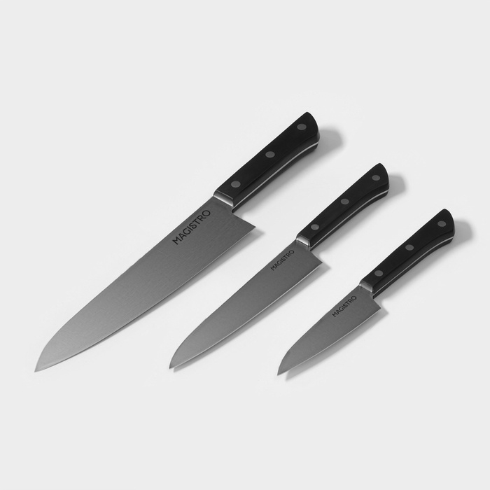 Набор кухонных ножей Magistro &laquo;Hinshitsu&raquo;, 3 шт: овощной, универсальный, шеф, черный