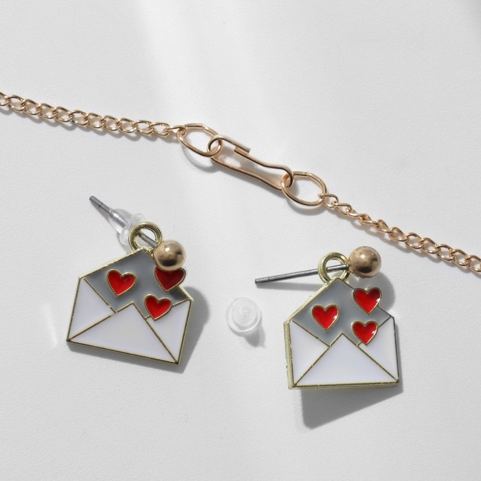 Гарнитура 2 предмета: серьги, кулон &laquo;Сердце&raquo; послание, цвет красно-белый в золоте, 42 см