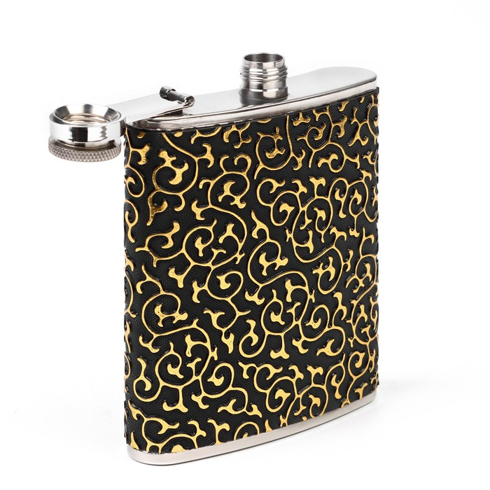 Подарочный набор 3 в 1 "Завитки", чёрный с золотистым узором: фляжка 210 мл + воронка и рюмка