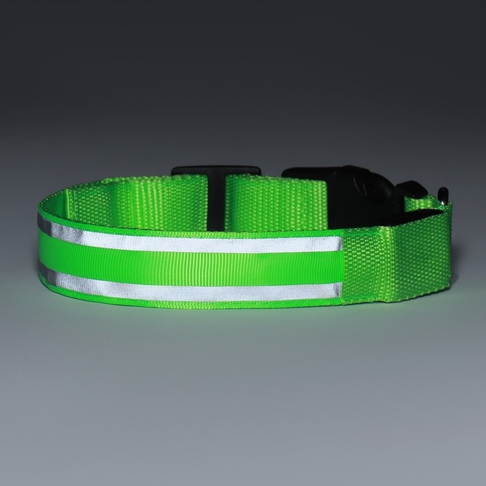 Ошейник с подсветкой Двойная полоса размер XL, ОШ 52-60 х 2,5 см, 3 режима свечения зелёный