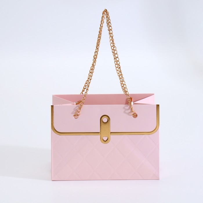 Пакет для цветов, ручка цепь, Пакет для цветов, ручка цепь, "Розовый", с золотым тиснением, 15 х 10,5 х 10 см