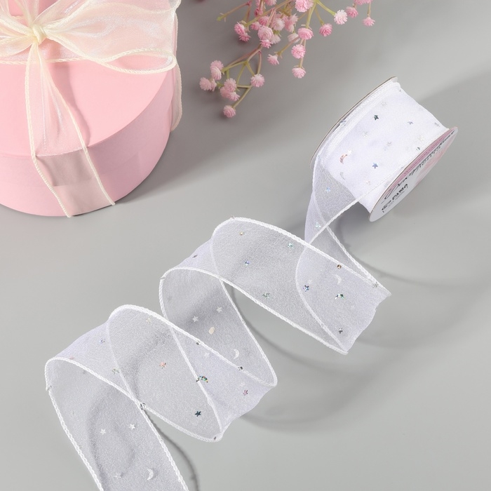 Лента капроновая &laquo;Волна&raquo;, с блёстками, 50 мм, 9 &plusmn; 1 м, цвет белый