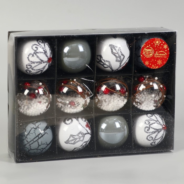 Набор шаров пластик d-6 см, 12 шт "Мелодия элит" ассорти, белый серый