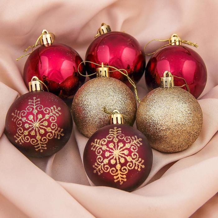 Набор шаров пластик d-6 см, 7 шт Набор шаров пластик d-6 см, 7 шт "Золотая снежинка" золотисто-бордовый