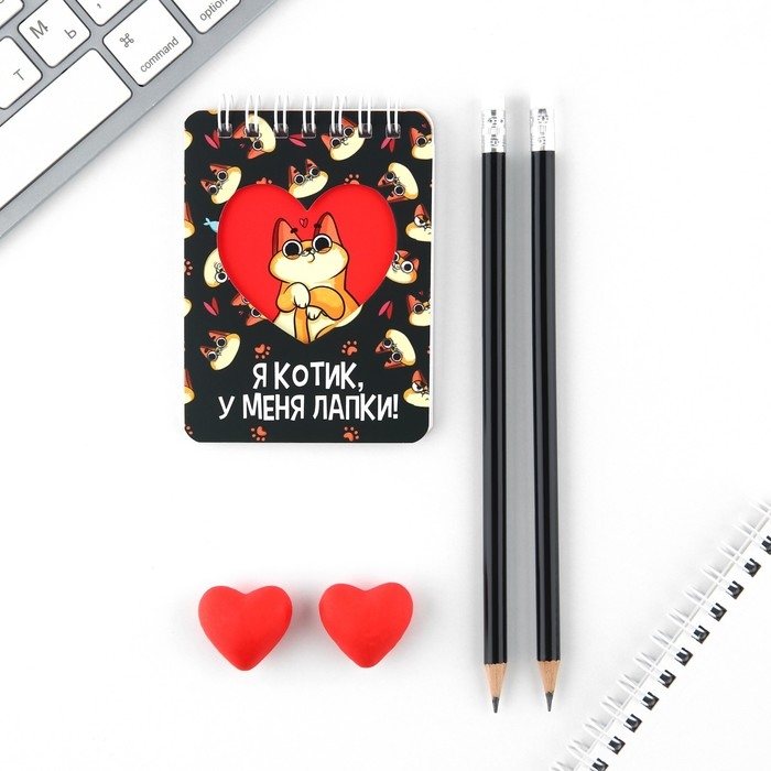 Подарочный набор &laquo;Котик&raquo;, карандаши 2 шт, ластики 2 шт, блокнот