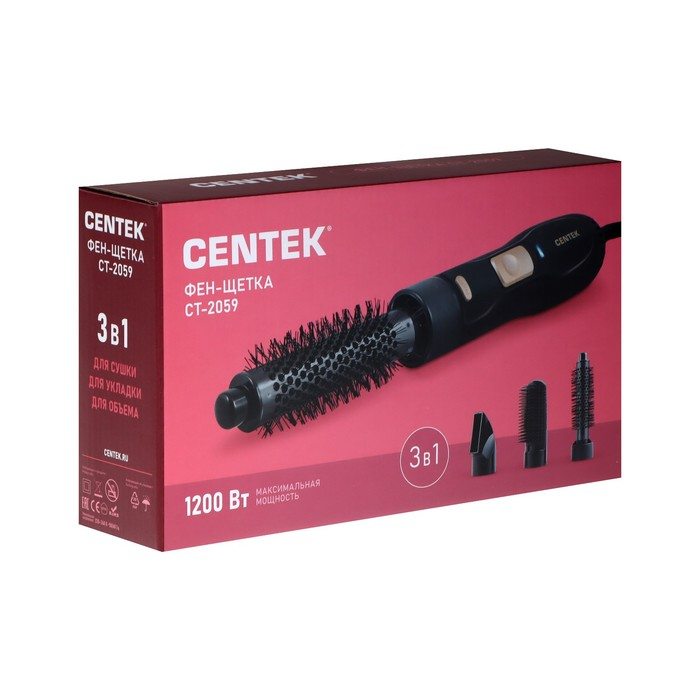 Фен-щетка Centek CT-2059, 1200 Вт, 2 скорости, 2 температурных режима, 3 насадки, черная Фен-щетка Centek CT-2059, 1200 Вт, 2 скорости, 2 температурных режима, 3 насадки, черная