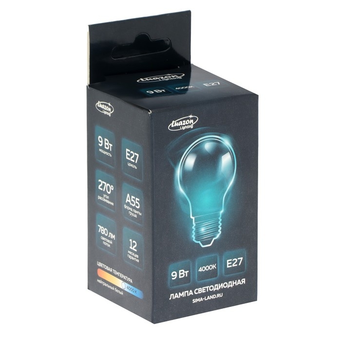 Лампа cветодиодная Luazon Lighting, A55, 9 Вт, E27, 780 Лм, 4000 К, дневной свет