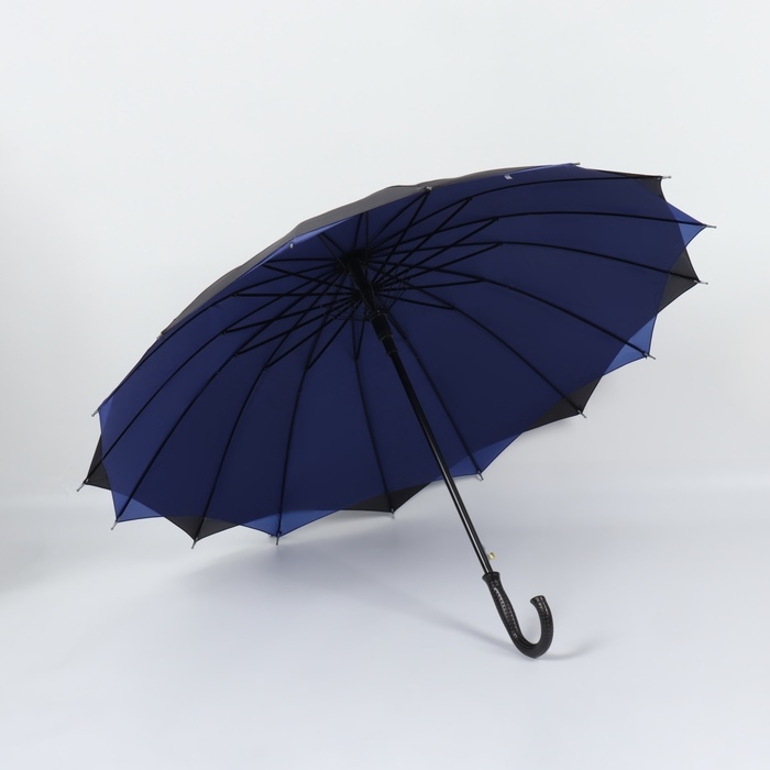 Зонт - трость полуавтоматический &laquo;Однотонный&raquo;, двухслойный, 16 спиц, R = 52/60 см, D = 120 см, цвет чёрный/синий