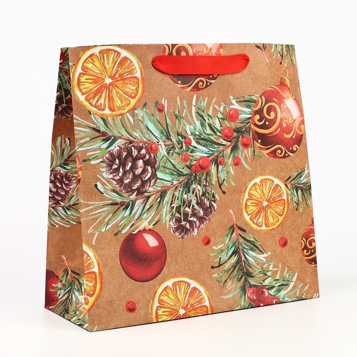 Пакет подарочный новогодний крафтовый квадратный &laquo;Новогоднее настроение&raquo;, 30 х 30 х 12 см, Новый год