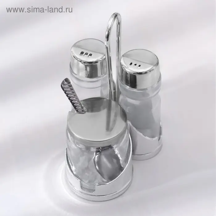 Набор для специй &laquo;Стиль&raquo;, 3 шт: сахарница с ложкой 80 мл, солонка и перечница 50 мл, подставка-салфетница