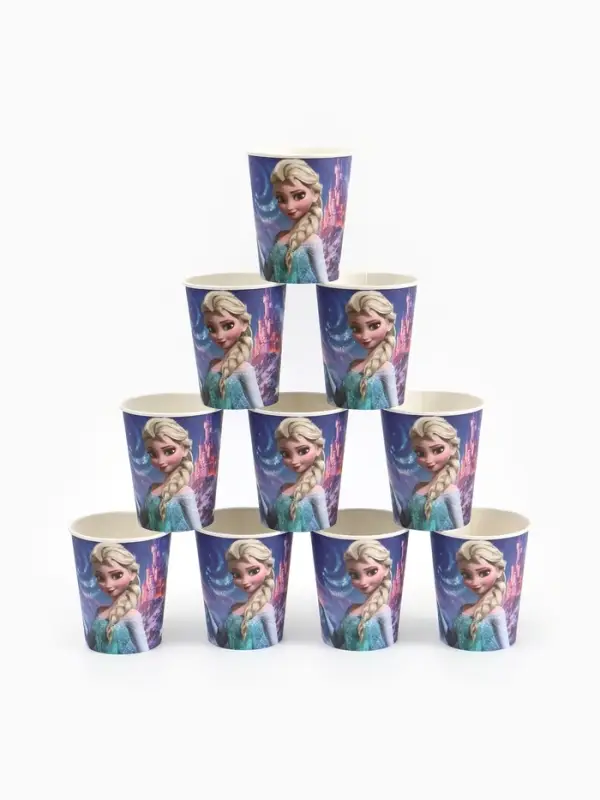 Посуда одноразовая бумажная на 10 персон: стаканы, тарелки, скатерть, Снежная принцесса