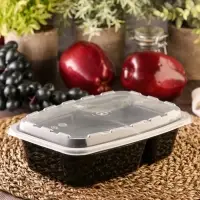 Контейнер одноразовый с крышкой, пластик, 830 мл, 2 секции, чёрный