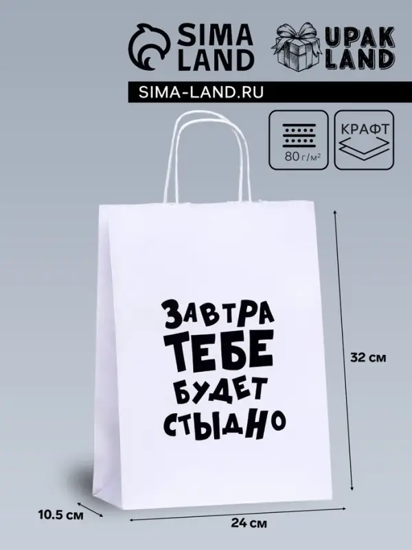 Пакет подарочный &laquo;Завтра тебе будет стыдно&raquo;, 24&times;10.5&times;32 см, 1 шт.
