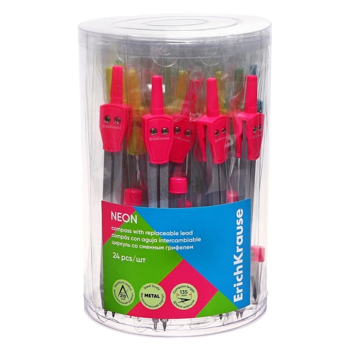 Циркуль металлический ErichKrause "Neon", 135мм, со сменным грифелем, PVC чехол, микс