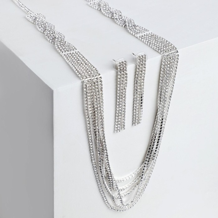 Набор 2 предмета: серьги, колье &laquo;Лёд&raquo; косичка, 80см, цвет белый в серебре, 80см