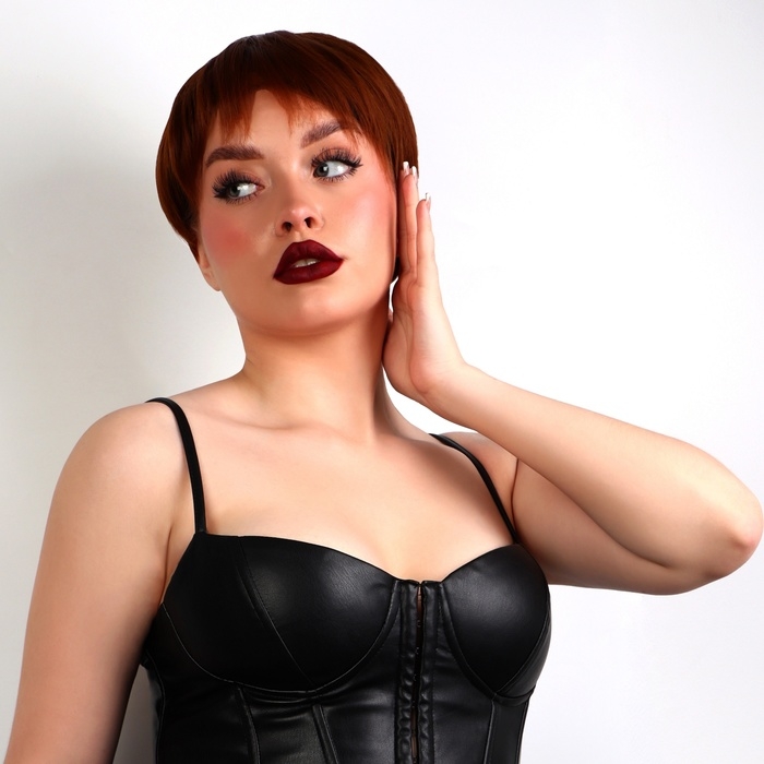 Парик искусственный, с чёлкой, каре, имитация кожи, 16 см, 160 гр, цвет рыжий