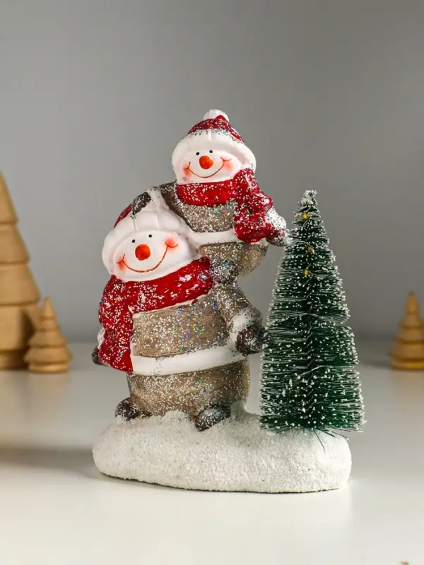 Сувенир керамика свет "Два снеговичка у ёлочки" 12х7,5х15,5 см