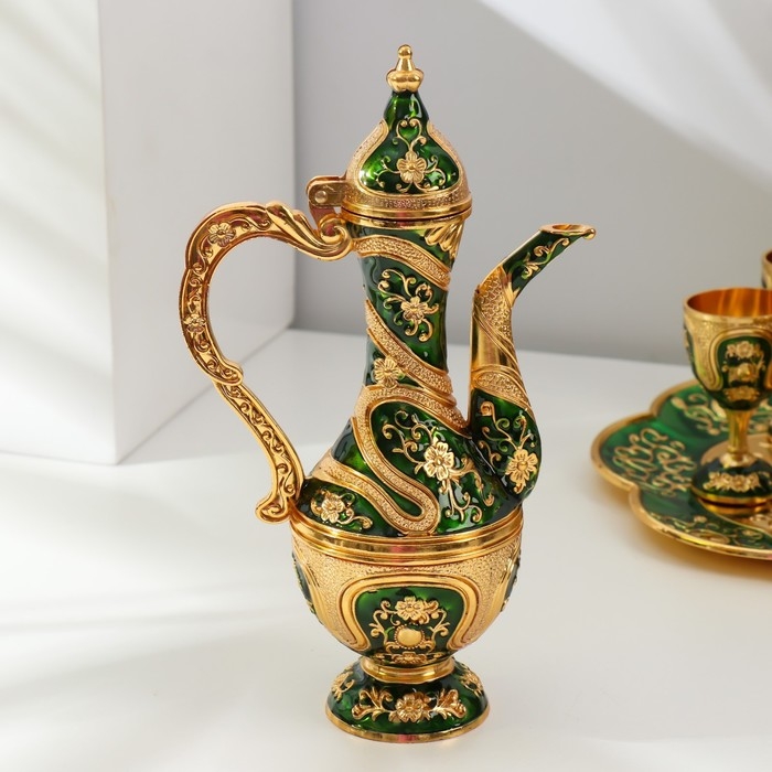 Набор винный кувшин, 6 бокалов и поднос "Турция. Цветы и узоры" зелёный с золотом