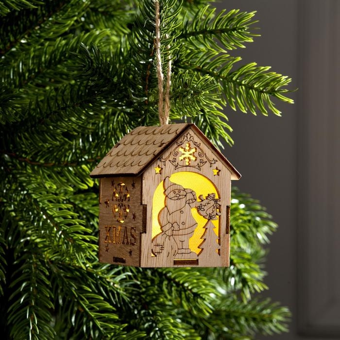 Ёлочная игрушка &laquo;Домик с Дедом Морозом с мешком&raquo;, от батареек, свечение тёплое белое