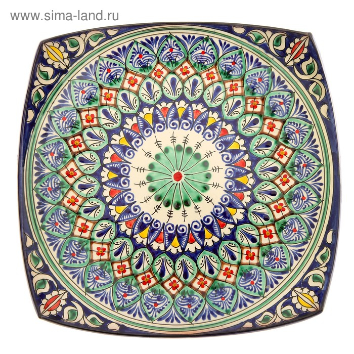 Ляган Риштанская Керамика "Узоры", 25 см, квадратный, синий, микс