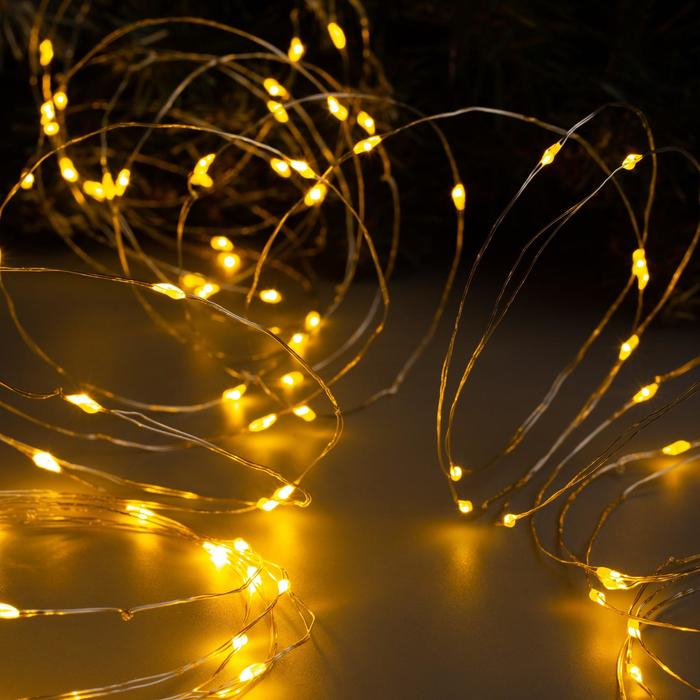 Гирлянда &laquo;Нить&raquo; 10 м роса, IP20, серебристая нить, 100 LED, свечение жёлтое, 12 В
