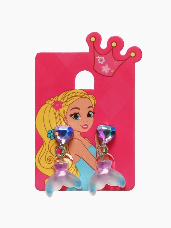 Серьги-клипсы детские "Выбражулька" хвост русалки с сердцем кристалл, цветные