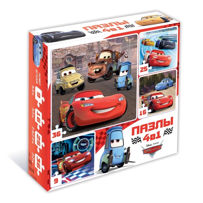 Пазлы 4 в 1 "Ни дня без гонки", Тачки
