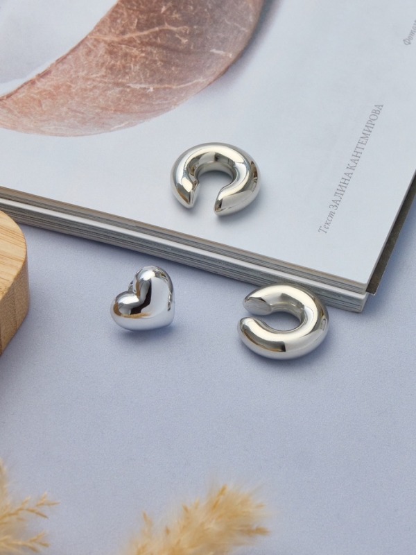 Набор серьги и каффы 3 шт. &laquo;Бублик&raquo; сердце, цвет серебро